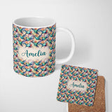 Personalized Custom Name Colorful Hummingbird Abstract Watercolor Seamless Pattern Custom 11oz Ceramic Coffee Tea Mug White Large Handle