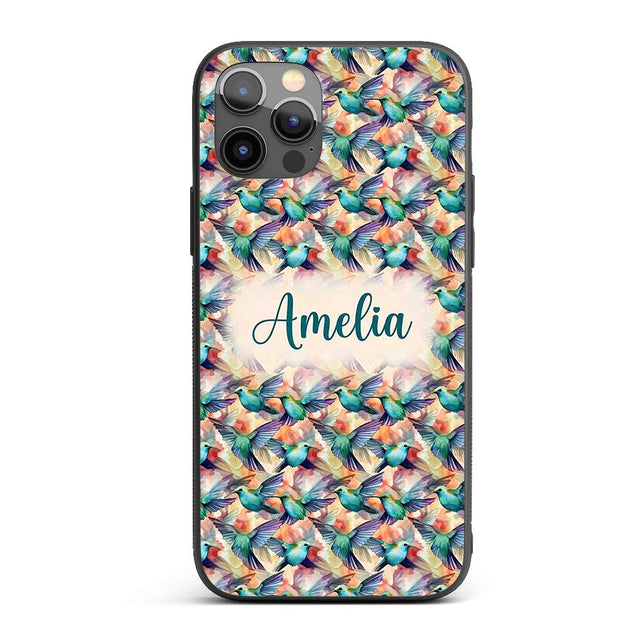 Colorful Hummingbird Abstract Watercolor Seamless Custom Name Protective Phone Case Mobile Cover Durable Everyday Smartphone Shock Resistant