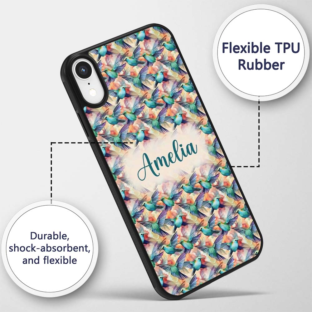 Colorful Hummingbird Abstract Watercolor Seamless Custom Name Protective Phone Case Mobile Cover Durable Everyday Smartphone Shock Resistant
