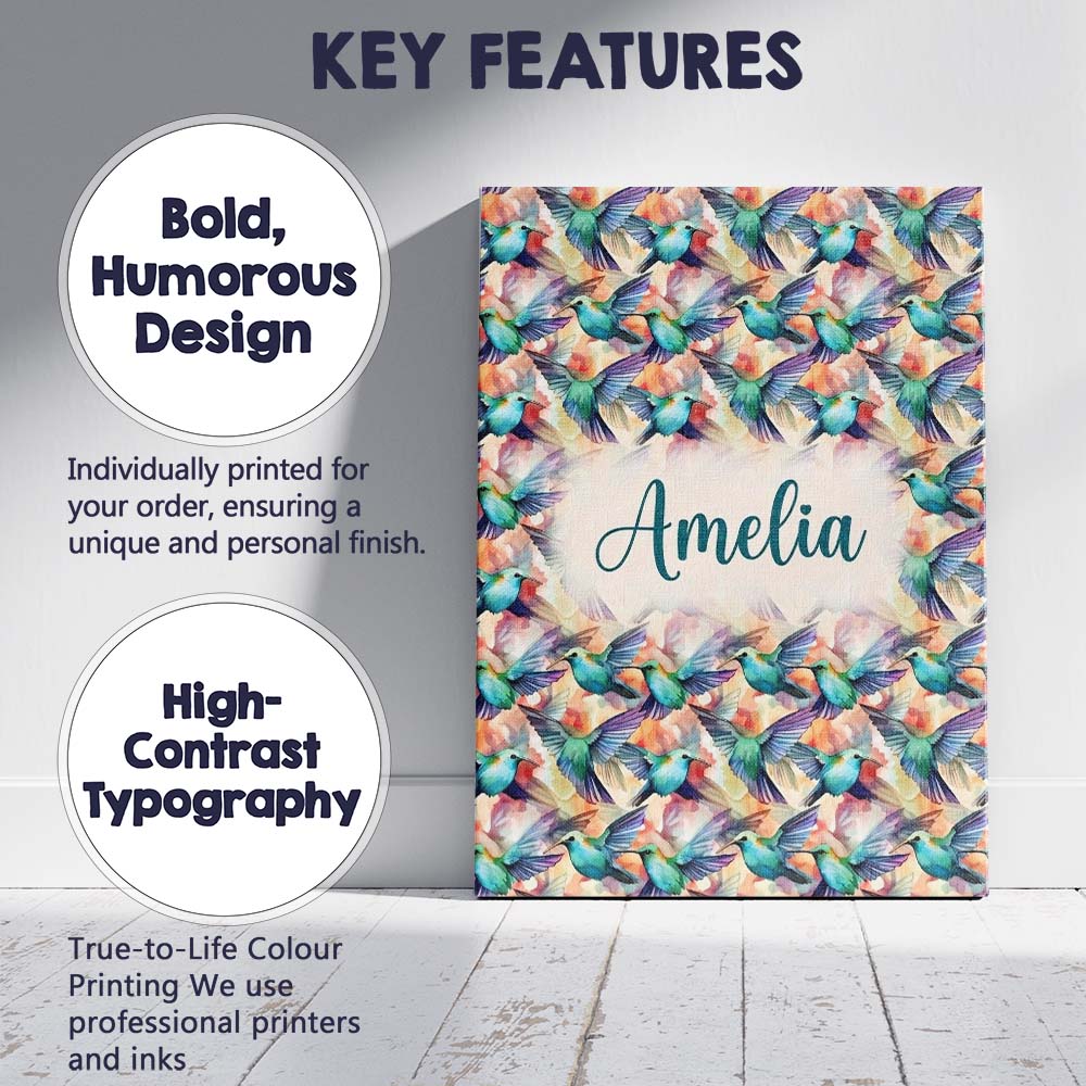 Personalised Name Colorful Hummingbird Custom  Modern Room Accent Elegant Feature Canvas Wall Art Print Decor Picture Ready to Hang