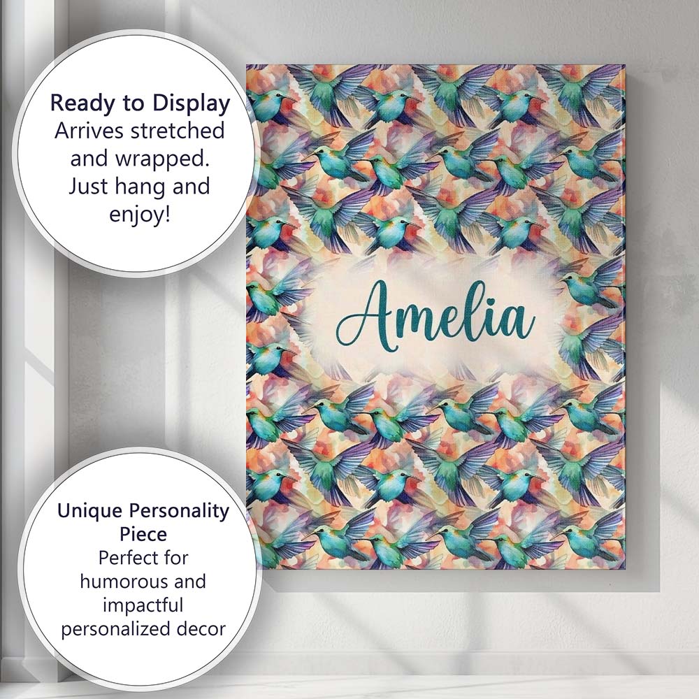 Personalised Name Colorful Hummingbird Custom  Modern Room Accent Elegant Feature Canvas Wall Art Print Decor Picture Ready to Hang
