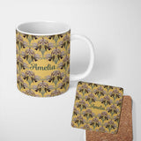 Personalized Custom Name Art Nouveau Iris Floral Vintage Yellow Seamless Pattern Name Cute 11oz Ceramic Coffee Tea Mug White Large Handle