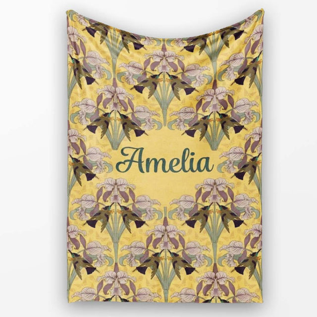 Art Nouveau Iris Floral Vintage Yellow Seamless Pattern Name Cute  Personalised Custom Name Super Soft Fleece Blanket Bed Sofa Throw