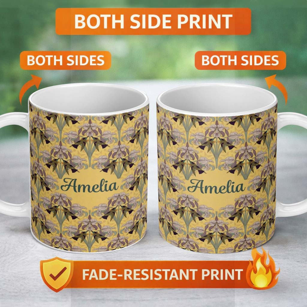 Personalized Custom Name Art Nouveau Iris Floral Vintage Yellow Seamless Pattern Name Cute 11oz Ceramic Coffee Tea Mug White Large Handle