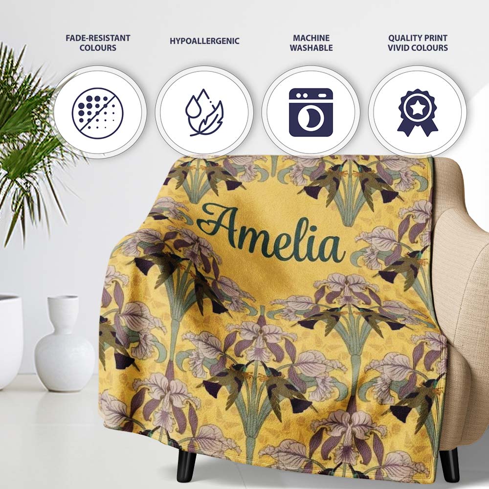 Art Nouveau Iris Floral Vintage Yellow Seamless Pattern Name Cute  Personalised Custom Name Super Soft Fleece Blanket Bed Sofa Throw