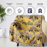 Art Nouveau Iris Floral Vintage Yellow Seamless Pattern Name Cute  Personalised Custom Name Super Soft Fleece Blanket Bed Sofa Throw