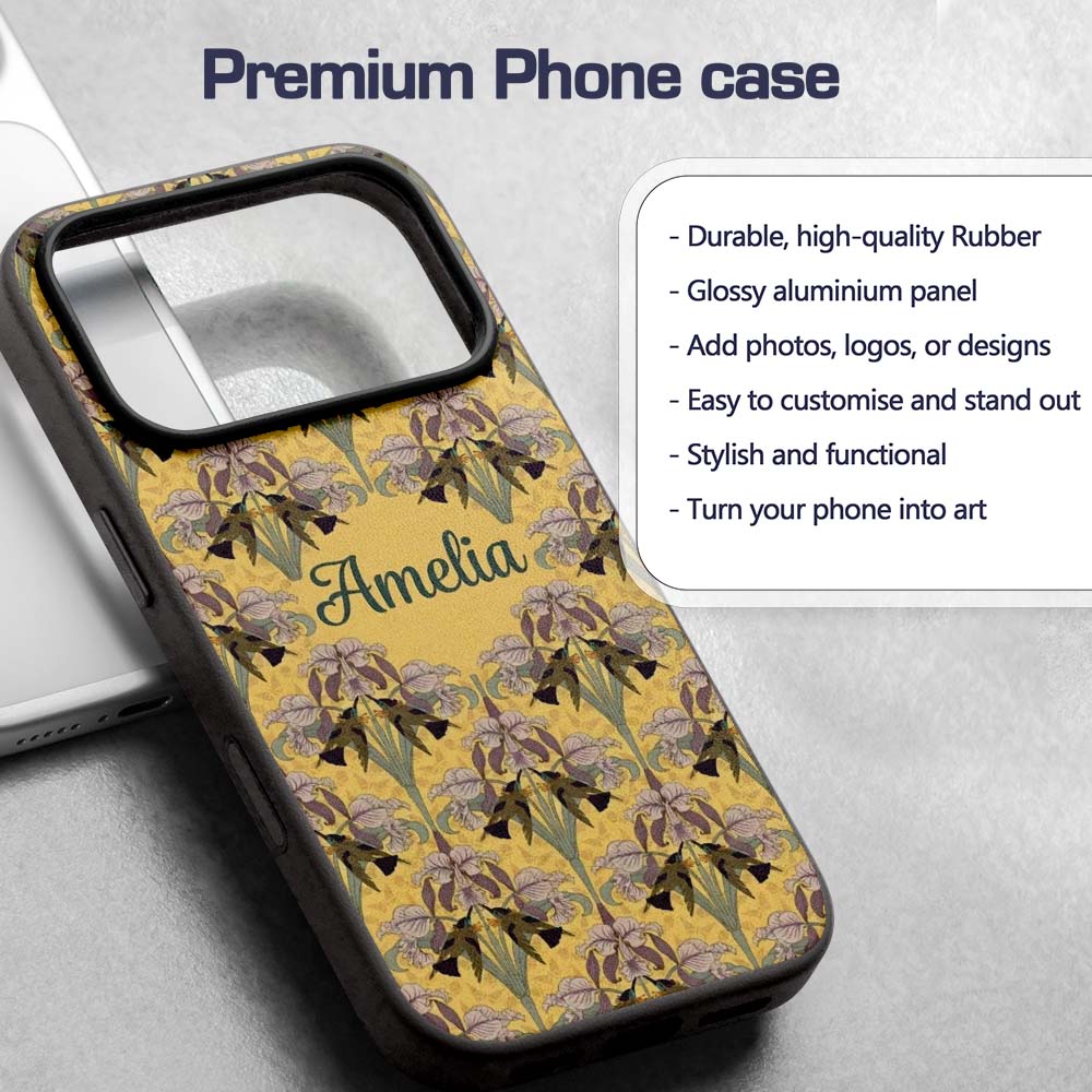 Art Nouveau Iris Floral Vintage Yellow Seamless Custom Name Protective Phone Case Mobile Cover Durable Everyday Smartphone Shock Resistant