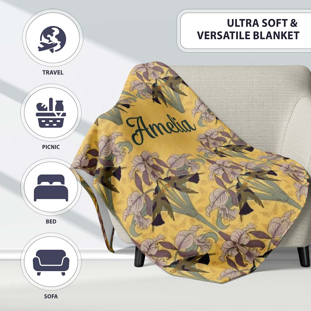 Art Nouveau Iris Floral Vintage Yellow Seamless Pattern Name Cute  Personalised Custom Name Super Soft Fleece Blanket Bed Sofa Throw