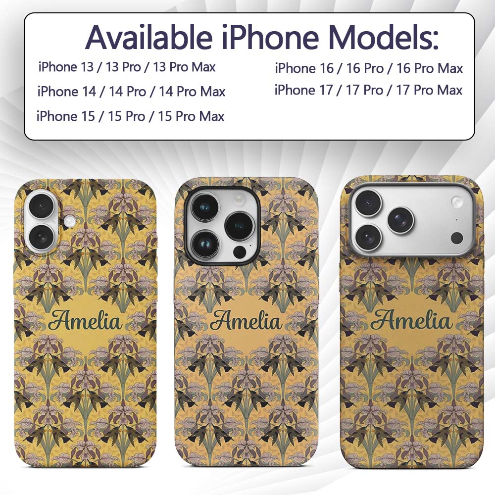 Art Nouveau Iris Floral Vintage Yellow Seamless Custom Name Protective Phone Case Mobile Cover Durable Everyday Smartphone Shock Resistant