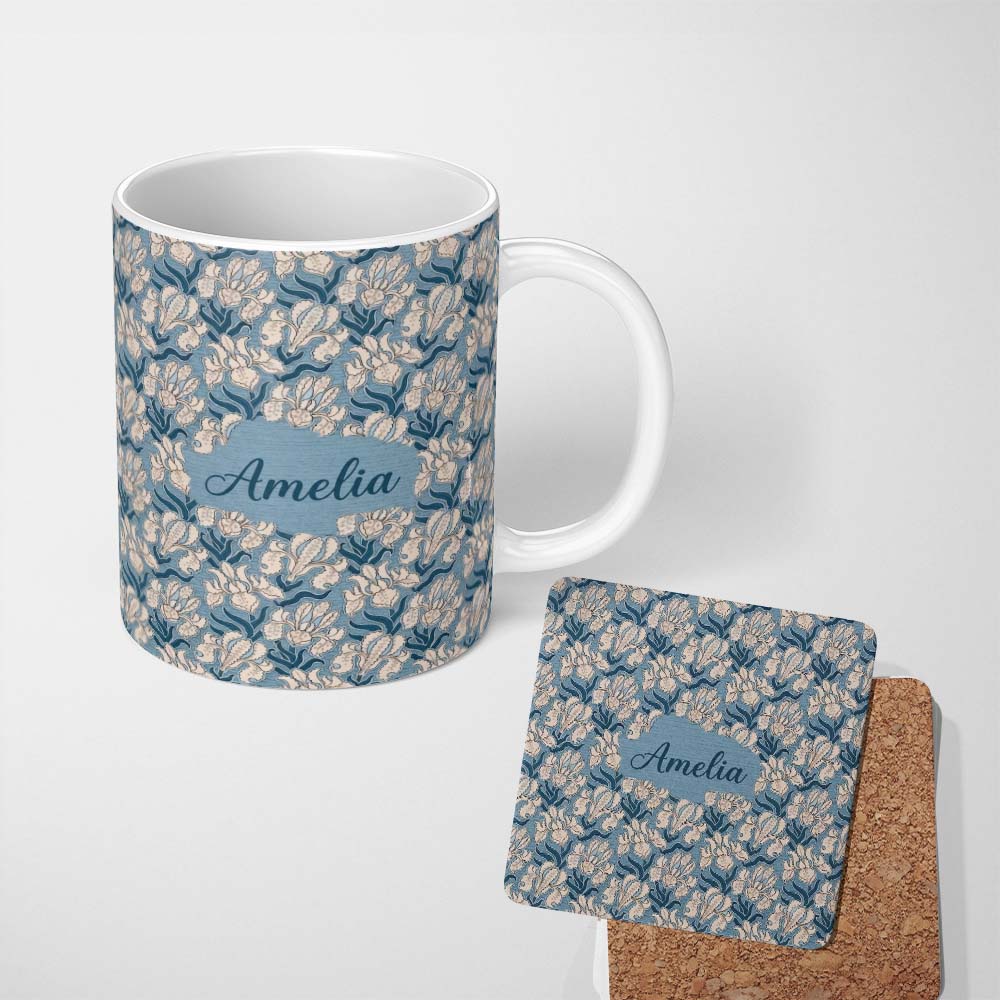 Personalized Custom Name Classic Blue Botanical Floral Vintage Seamless Pattern Name Cute 11oz Ceramic Coffee Tea Mug White Large Handle