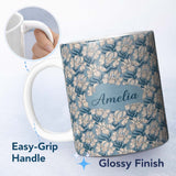 Personalized Custom Name Classic Blue Botanical Floral Vintage Seamless Pattern Name Cute 11oz Ceramic Coffee Tea Mug White Large Handle