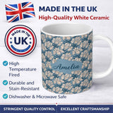 Personalized Custom Name Classic Blue Botanical Floral Vintage Seamless Pattern Name Cute 11oz Ceramic Coffee Tea Mug White Large Handle