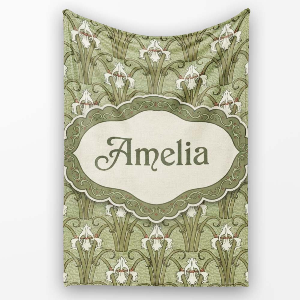 Vintage Lily Floral Green Art Nouveau Seamless Pattern Name Cute  Personalised Custom Name Super Soft Fleece Blanket Bed Sofa Throw