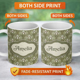 Personalized Custom Name Vintage Lily Floral Green Art Nouveau Seamless Pattern Name Cute 11oz Ceramic Coffee Tea Mug White Large Handle