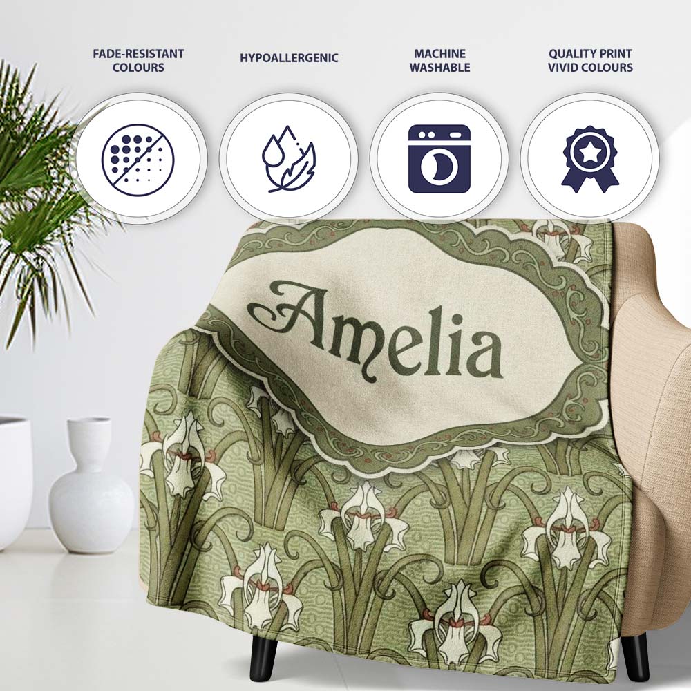 Vintage Lily Floral Green Art Nouveau Seamless Pattern Name Cute  Personalised Custom Name Super Soft Fleece Blanket Bed Sofa Throw