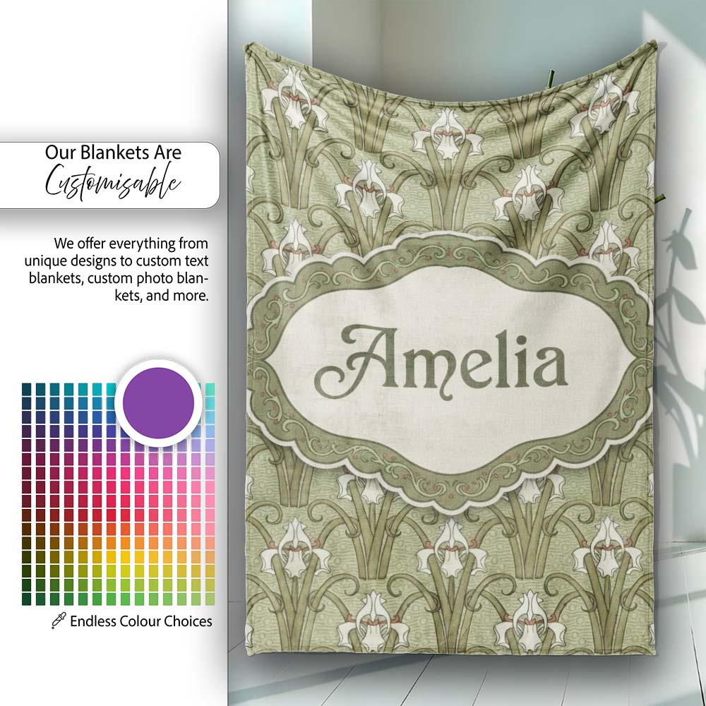 Vintage Lily Floral Green Art Nouveau Seamless Pattern Name Cute  Personalised Custom Name Super Soft Fleece Blanket Bed Sofa Throw