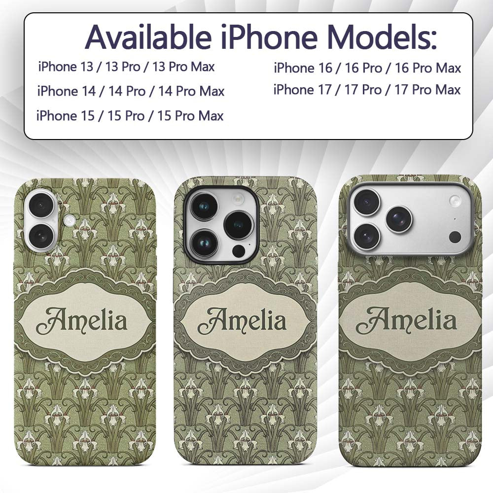 Vintage Lily Floral Green Art Nouveau Seamless Custom Name Protective Phone Case Mobile Cover Durable Everyday Smartphone Shock Resistant