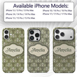 Vintage Lily Floral Green Art Nouveau Seamless Custom Name Protective Phone Case Mobile Cover Durable Everyday Smartphone Shock Resistant