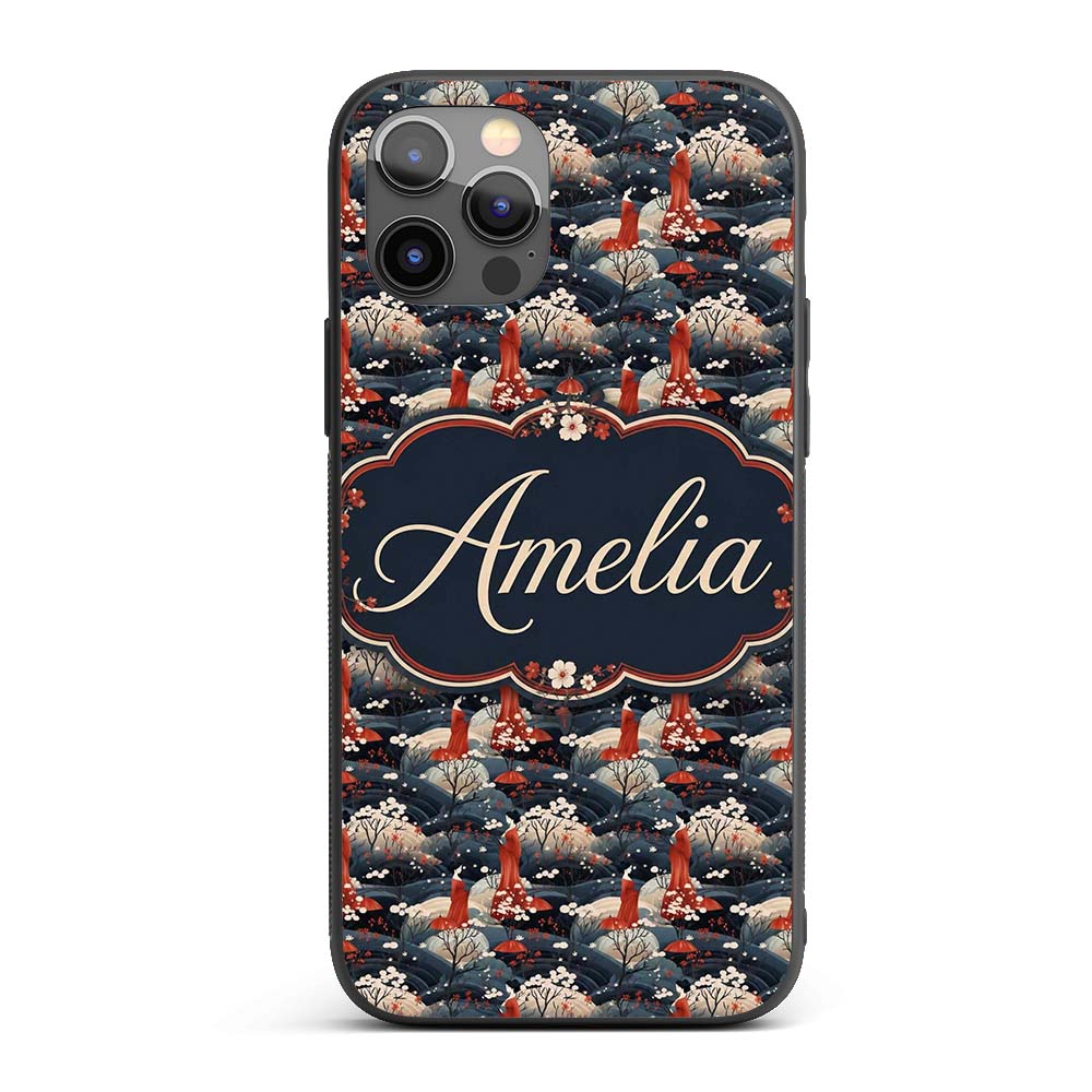 Japanese Geisha Red Kimono Floral Printed Design Custom Name Protective Phone Case Mobile Cover Durable Everyday Smartphone Shock Resistant