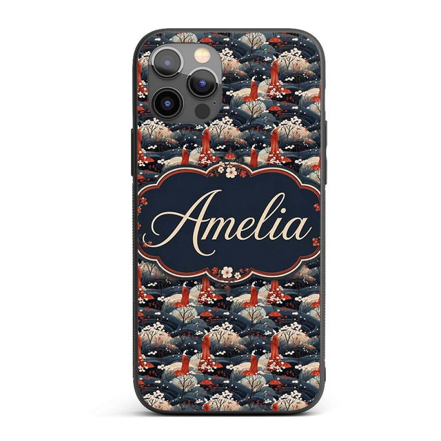 Japanese Geisha Red Kimono Floral Printed Design Custom Name Protective Phone Case Mobile Cover Durable Everyday Smartphone Shock Resistant