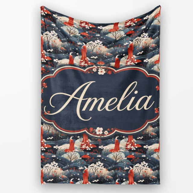 Japanese Geisha Red Kimono Floral Landscape Seamless Pattern Name  Personalised Custom Name Super Soft Fleece Blanket Bed Sofa Throw