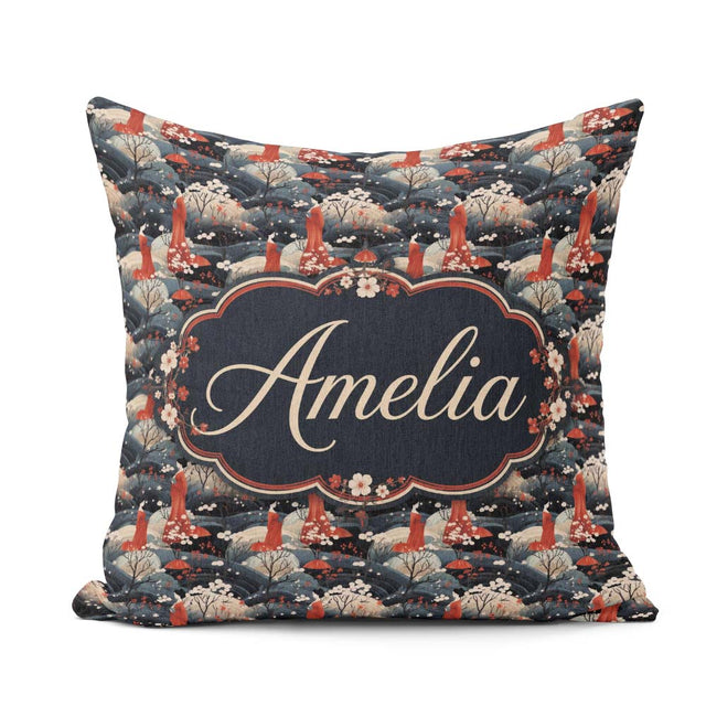 Custom Name Japanese Geisha Red Kimono Floral Landscape Seamless Square Filled Cushion Throw Pillow Sofa Bed Home Decor Zip Washable UK Made