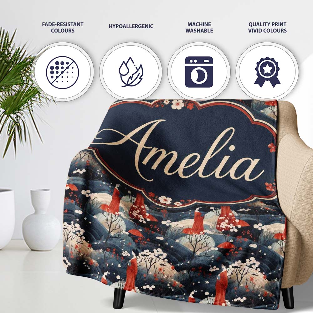 Japanese Geisha Red Kimono Floral Landscape Seamless Pattern Name  Personalised Custom Name Super Soft Fleece Blanket Bed Sofa Throw