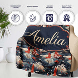 Japanese Geisha Red Kimono Floral Landscape Seamless Pattern Name  Personalised Custom Name Super Soft Fleece Blanket Bed Sofa Throw