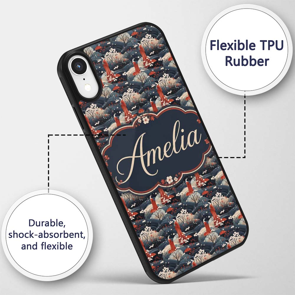 Japanese Geisha Red Kimono Floral Printed Design Custom Name Protective Phone Case Mobile Cover Durable Everyday Smartphone Shock Resistant