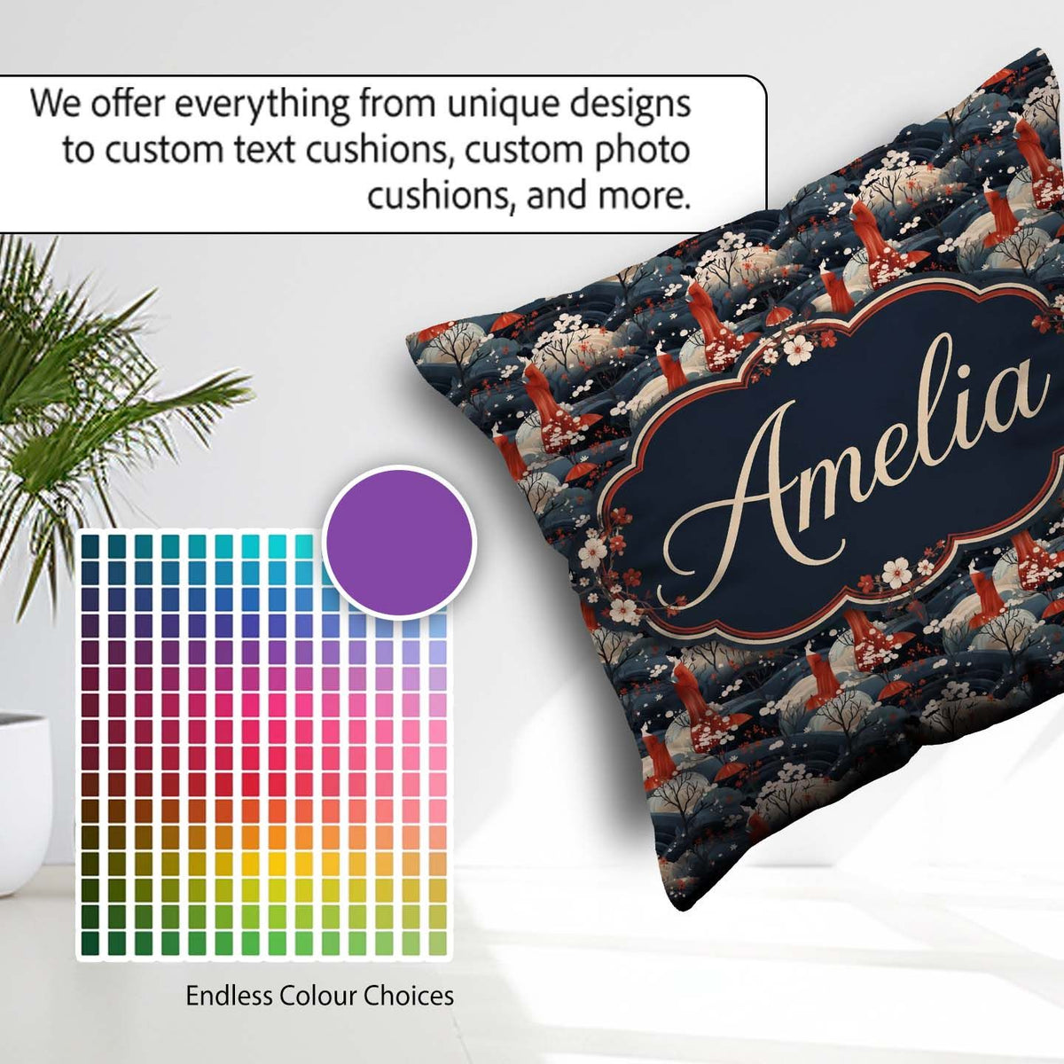 Custom Name Japanese Geisha Red Kimono Floral Landscape Seamless Square Filled Cushion Throw Pillow Sofa Bed Home Decor Zip Washable UK Made