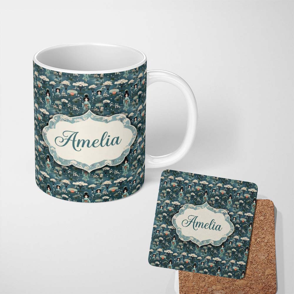 Personalized Custom Name Cute Kawaii Geisha Floral Garden Lantern Seamless Pattern Name 11oz Ceramic Coffee Tea Mug White Large Handle