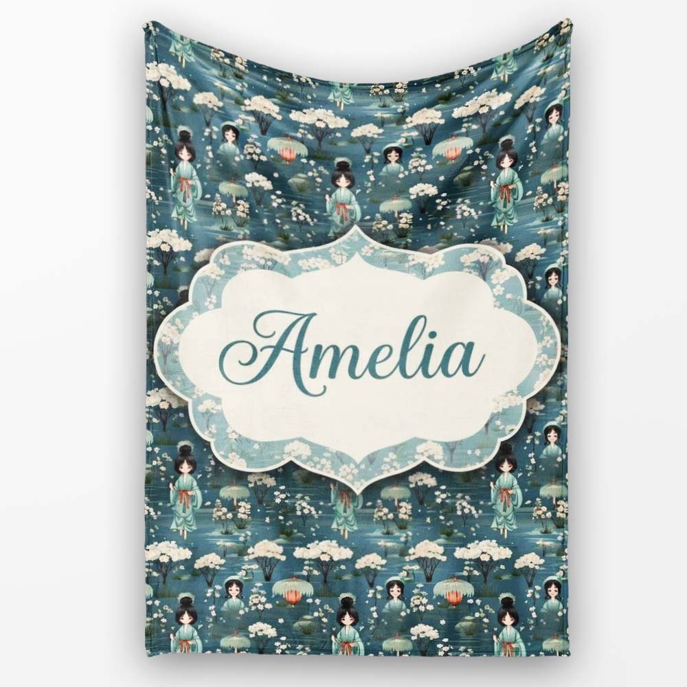 Cute Kawaii Geisha Floral Garden Lantern Seamless Pattern Name  Personalised Custom Name Super Soft Fleece Blanket Bed Sofa Throw