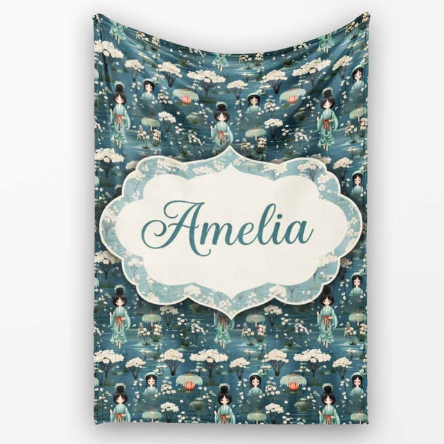 Cute Kawaii Geisha Floral Garden Lantern Seamless Pattern Name  Personalised Custom Name Super Soft Fleece Blanket Bed Sofa Throw