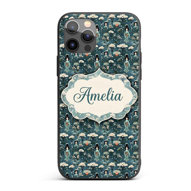 Cute Kawaii Geisha Floral Garden Lantern Seamless Custom Name Protective Phone Case Mobile Cover Durable Everyday Smartphone Shock Resistant