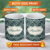 Personalized Custom Name Cute Kawaii Geisha Floral Garden Lantern Seamless Pattern Name 11oz Ceramic Coffee Tea Mug White Large Handle