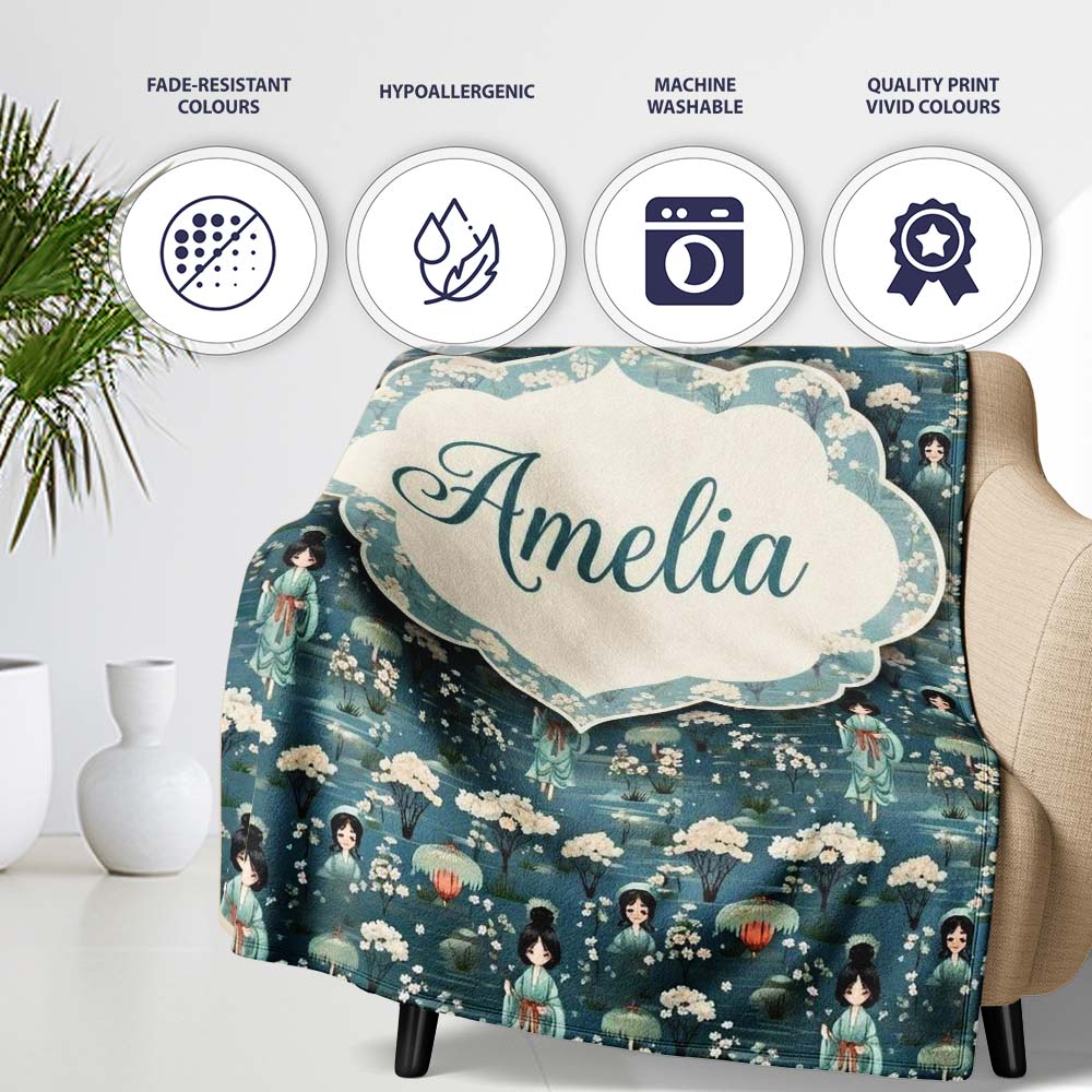 Cute Kawaii Geisha Floral Garden Lantern Seamless Pattern Name  Personalised Custom Name Super Soft Fleece Blanket Bed Sofa Throw