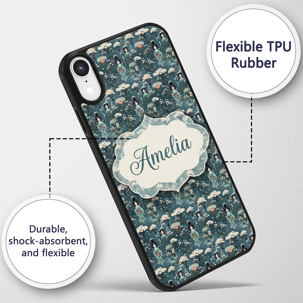 Cute Kawaii Geisha Floral Garden Lantern Seamless Custom Name Protective Phone Case Mobile Cover Durable Everyday Smartphone Shock Resistant