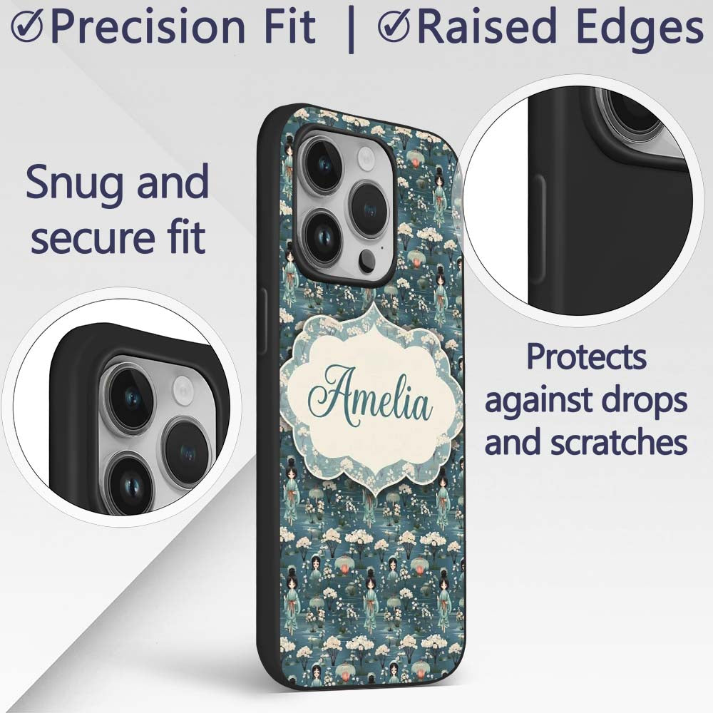 Cute Kawaii Geisha Floral Garden Lantern Seamless Custom Name Protective Phone Case Mobile Cover Durable Everyday Smartphone Shock Resistant