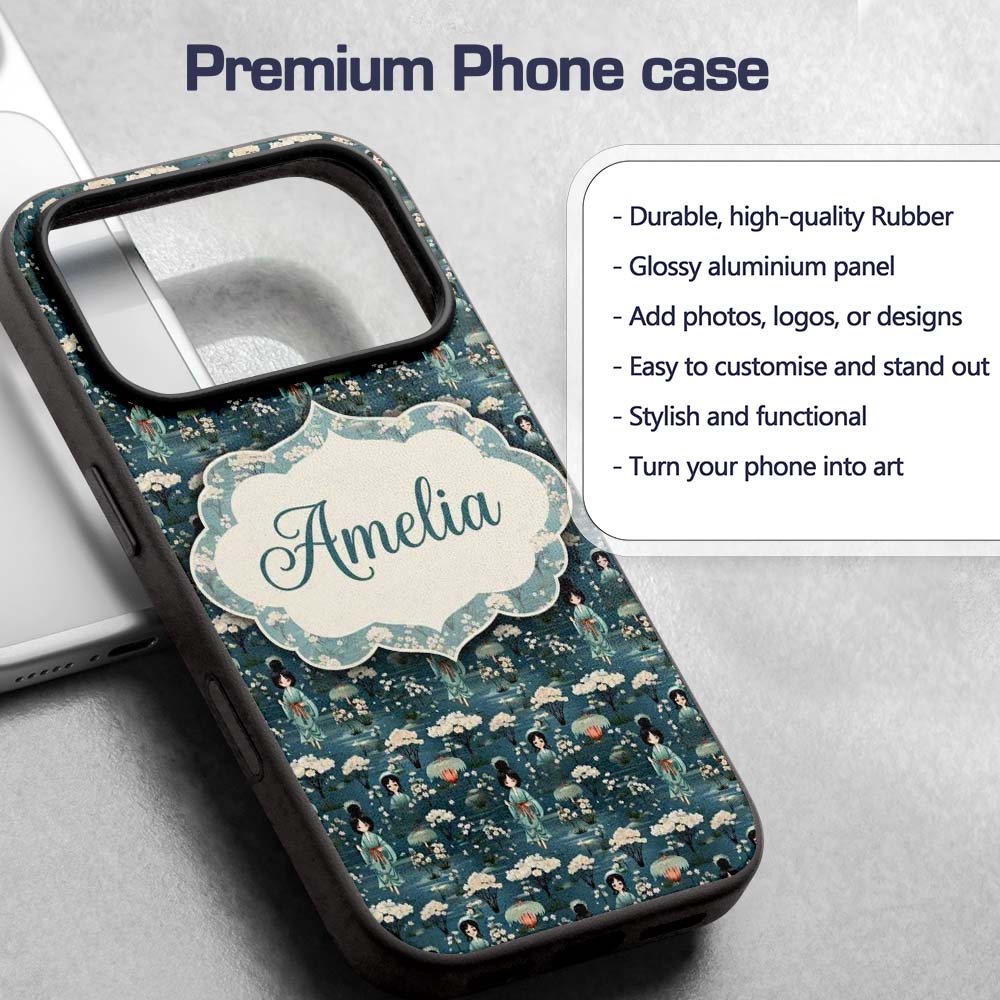 Cute Kawaii Geisha Floral Garden Lantern Seamless Custom Name Protective Phone Case Mobile Cover Durable Everyday Smartphone Shock Resistant