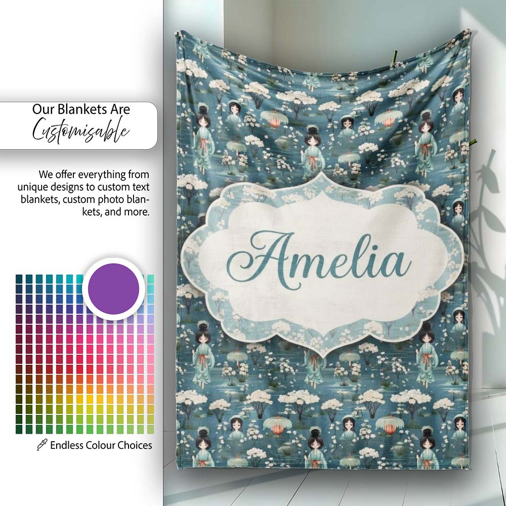 Cute Kawaii Geisha Floral Garden Lantern Seamless Pattern Name  Personalised Custom Name Super Soft Fleece Blanket Bed Sofa Throw