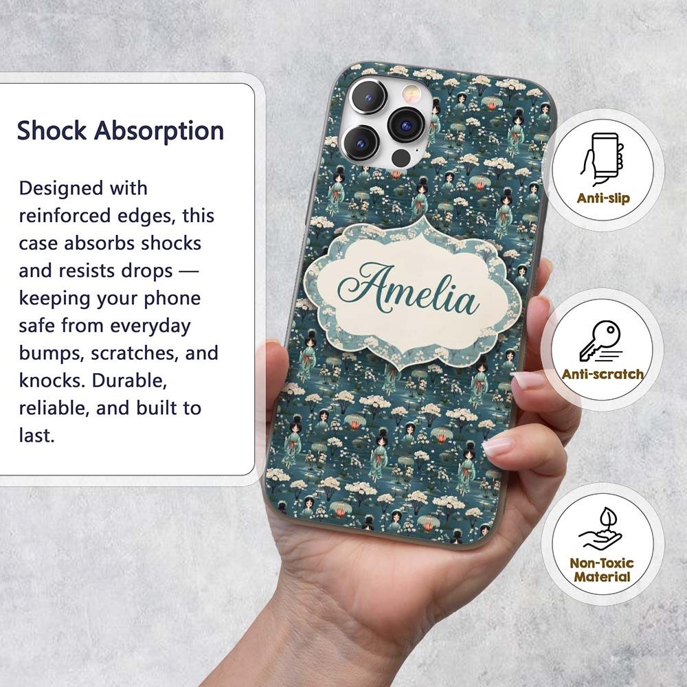 Cute Kawaii Geisha Floral Garden Lantern Seamless Custom Name Protective Phone Case Mobile Cover Durable Everyday Smartphone Shock Resistant