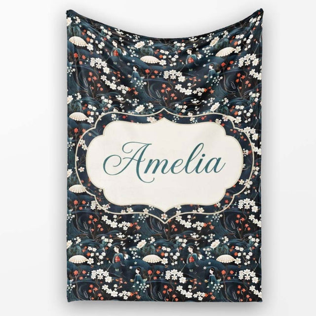 Elegant Japanese Women Floral Night Garden Seamless Pattern Name  Personalised Custom Name Super Soft Fleece Blanket Bed Sofa Throw