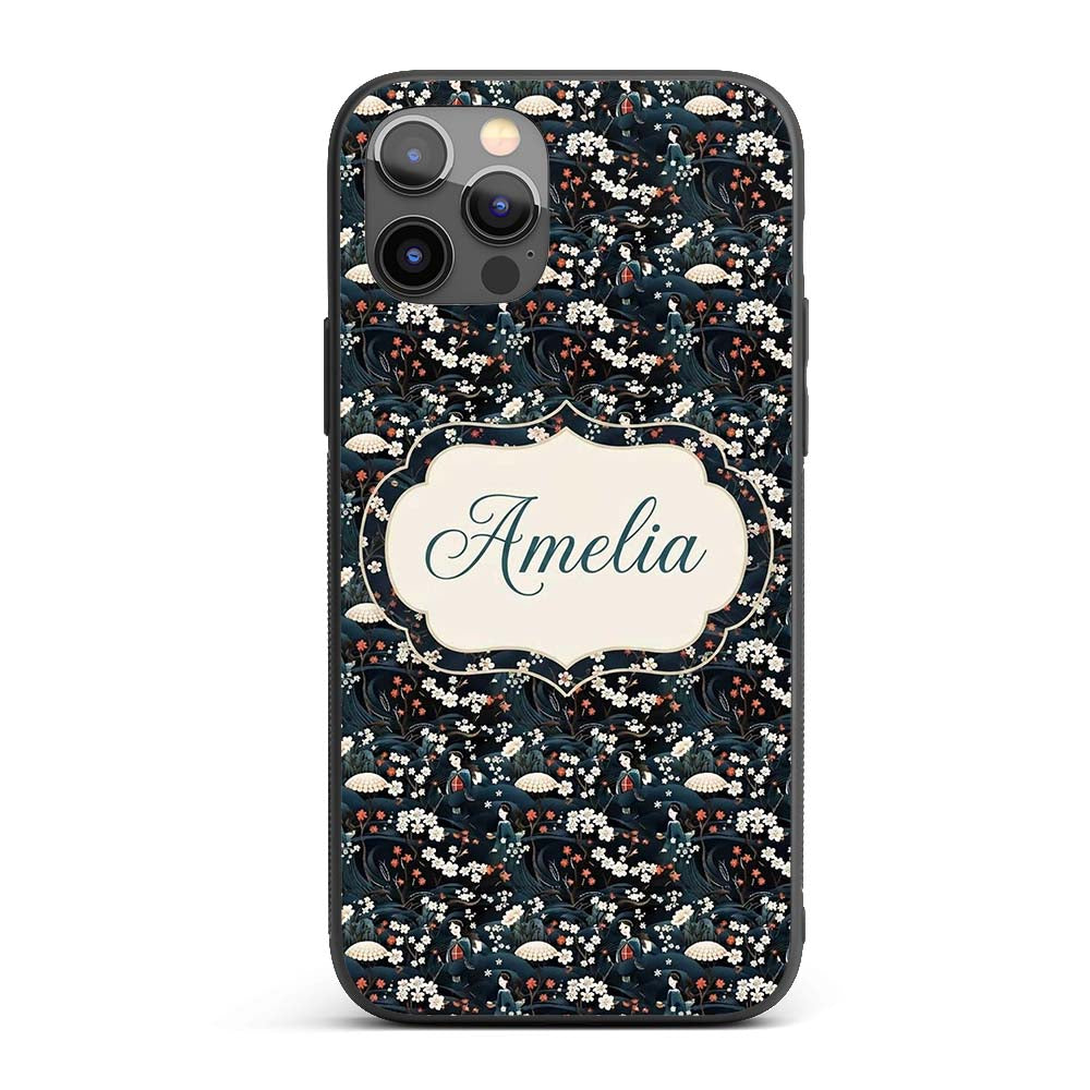 Elegant Japanese Women Floral Printed Design Custom Name Protective Phone Case Mobile Cover Durable Everyday Smartphone Shock Resistant