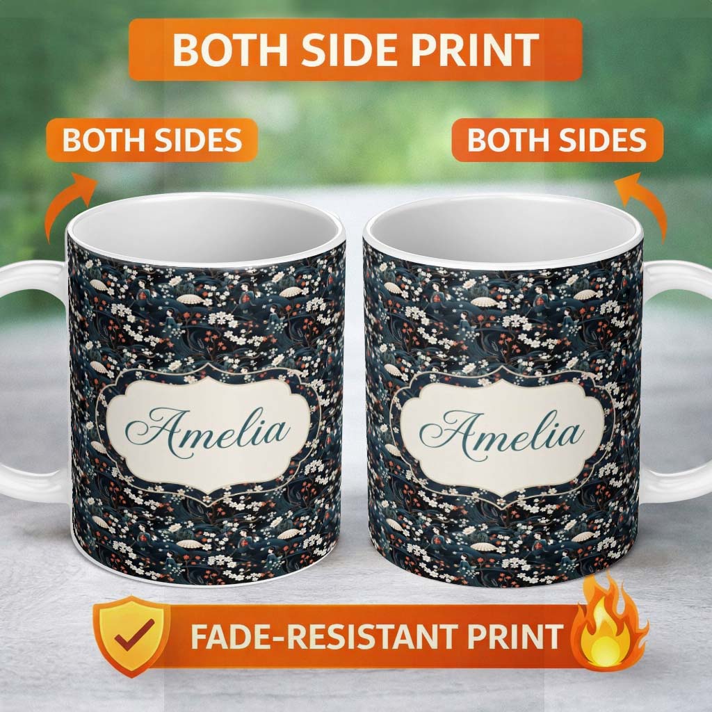 Personalized Custom Name Elegant Japanese Women Floral Night Garden Seamless Pattern Name 11oz Ceramic Coffee Tea Mug White Large Handle