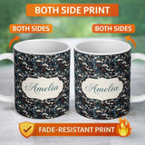 Personalized Custom Name Elegant Japanese Women Floral Night Garden Seamless Pattern Name 11oz Ceramic Coffee Tea Mug White Large Handle