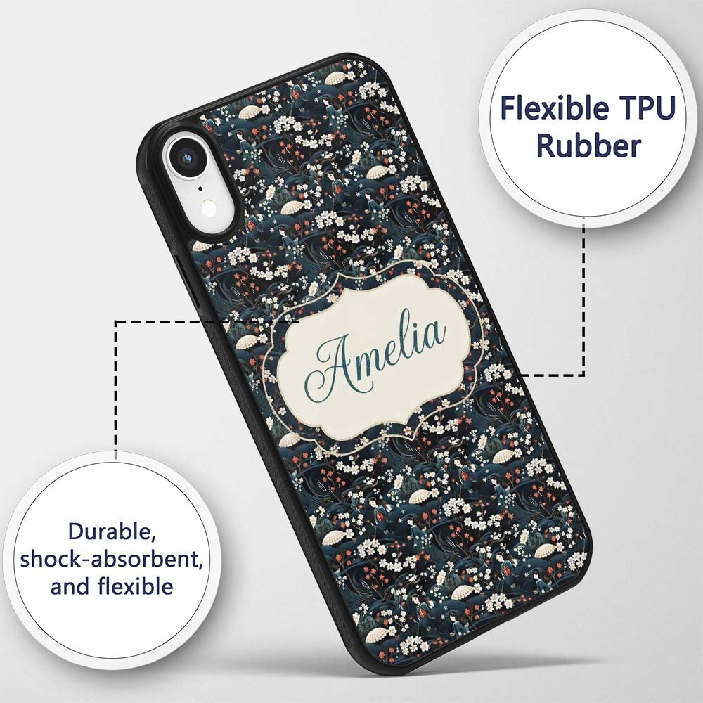 Elegant Japanese Women Floral Printed Design Custom Name Protective Phone Case Mobile Cover Durable Everyday Smartphone Shock Resistant