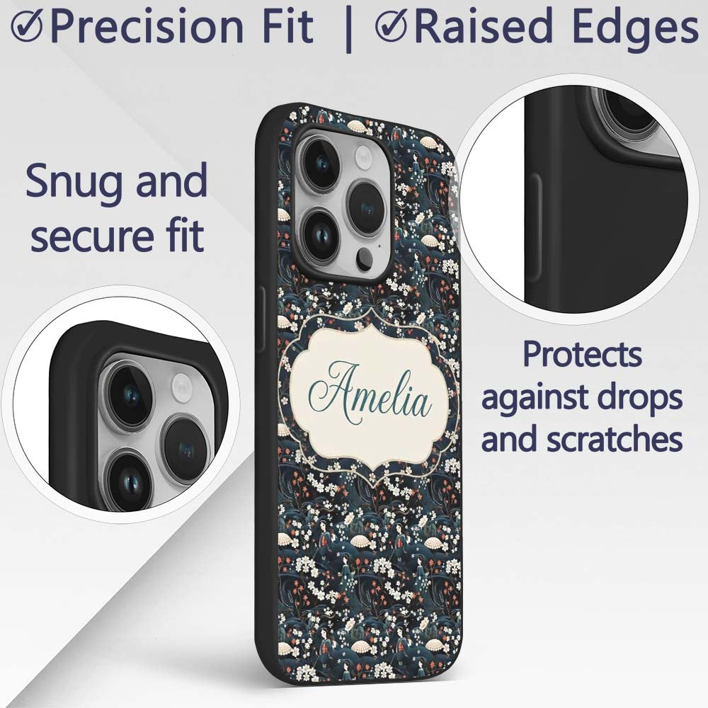 Elegant Japanese Women Floral Printed Design Custom Name Protective Phone Case Mobile Cover Durable Everyday Smartphone Shock Resistant