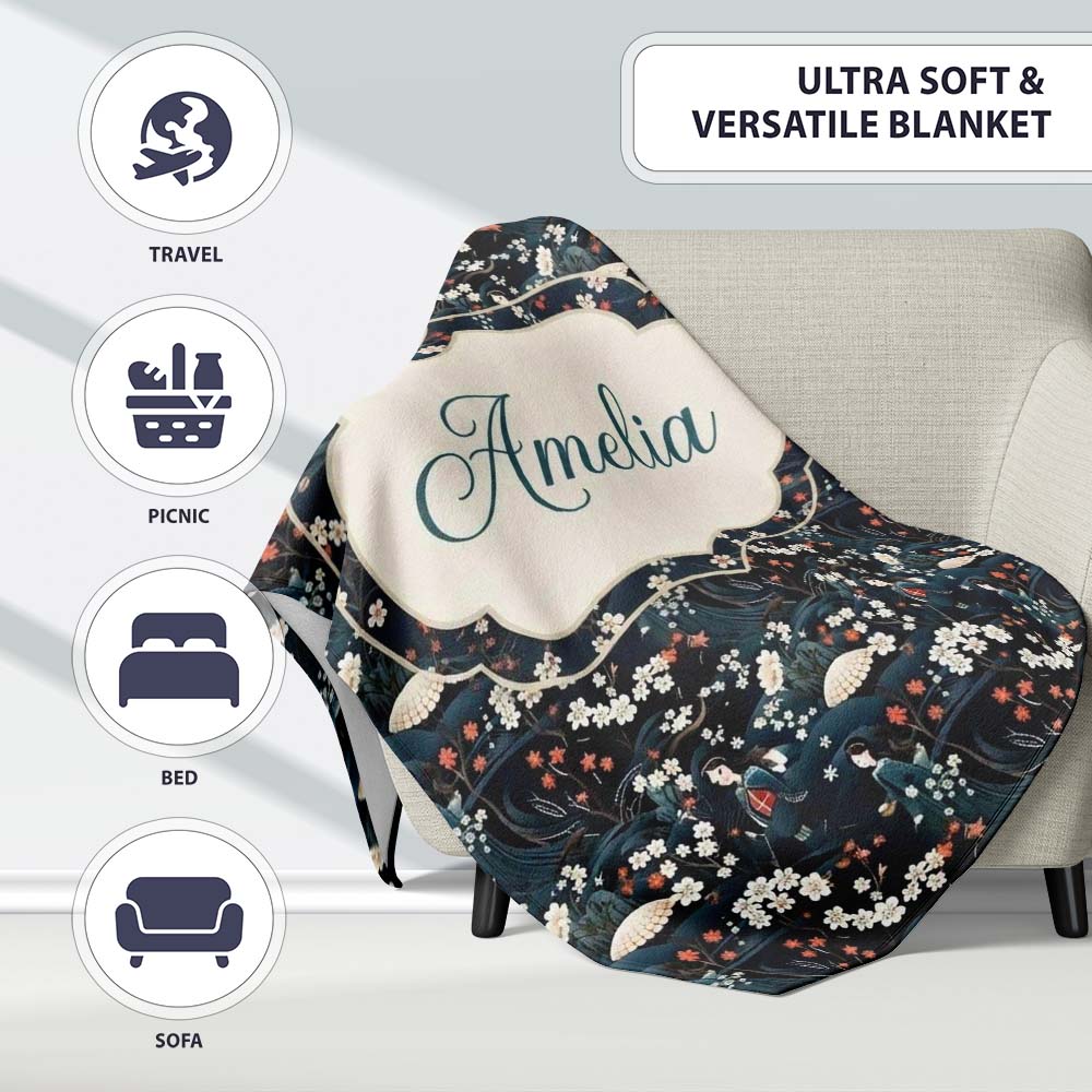 Elegant Japanese Women Floral Night Garden Seamless Pattern Name  Personalised Custom Name Super Soft Fleece Blanket Bed Sofa Throw
