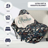 Elegant Japanese Women Floral Night Garden Seamless Pattern Name  Personalised Custom Name Super Soft Fleece Blanket Bed Sofa Throw