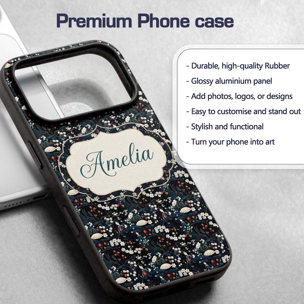 Elegant Japanese Women Floral Printed Design Custom Name Protective Phone Case Mobile Cover Durable Everyday Smartphone Shock Resistant
